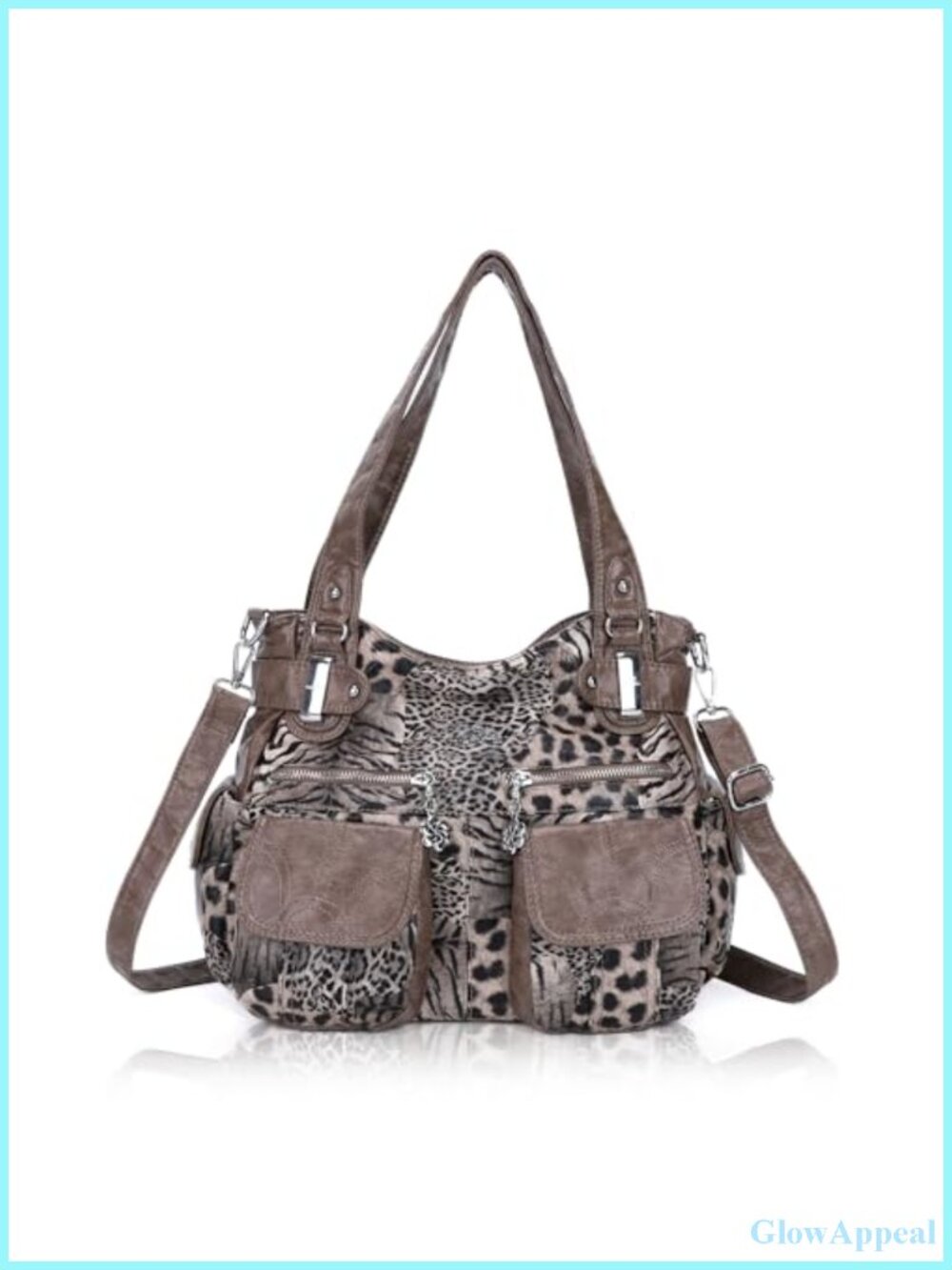 Washed PU Leather Hobo Bag, Double Zipper, Multi Pocket, Handbag Shoulder